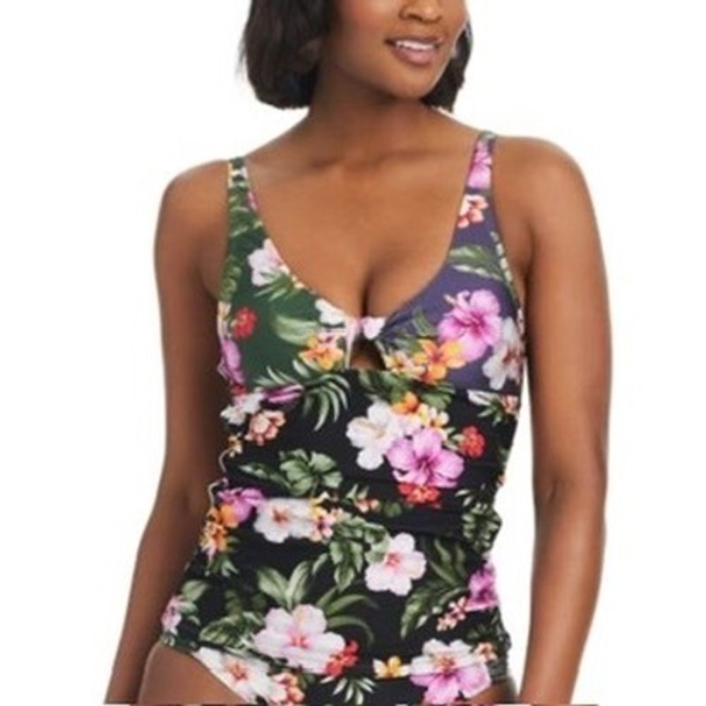NWT Bar III Tankini Top Women Black Floral Tropical Hibiscus M